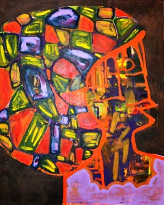 Casquée. Toile appartenant à ma série alphabétique. L'ayant vendue, et m'en ennuyant, je l'ai fait imprimer par giclage sur un canevas.