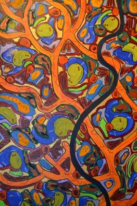 Cette toile s'intitule Fertilité, à cause de la ligne qui traverse la toile verticalement et qui fait penser à un profil de femme enceinte.